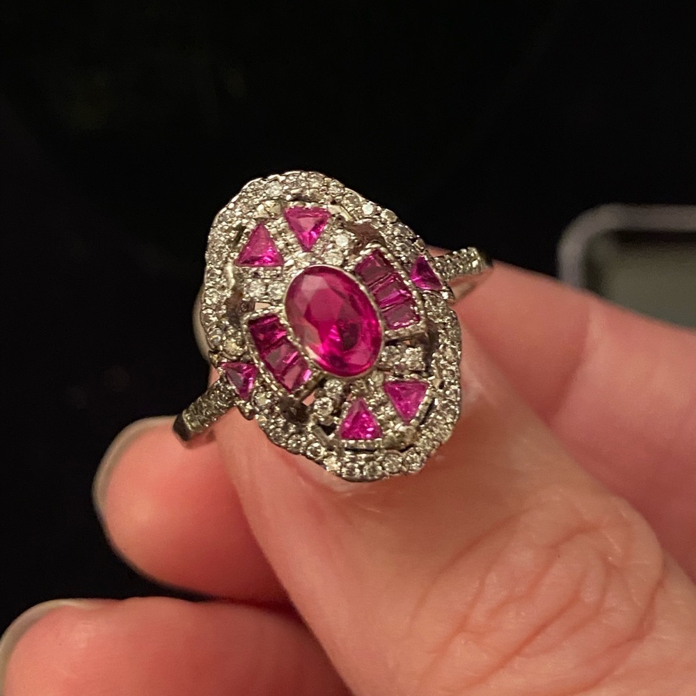 Vintage Art Deco Style Oval Ruby Lab Created Diamond Sterling Silver Ring 9.75 - Picture 7 of 12